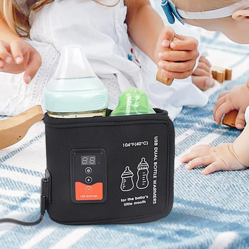 Dual Milk Bottle Warmer with LCD Display, USB Powered Portable Warmer for Travel, Car Baby Bottle Warmer
