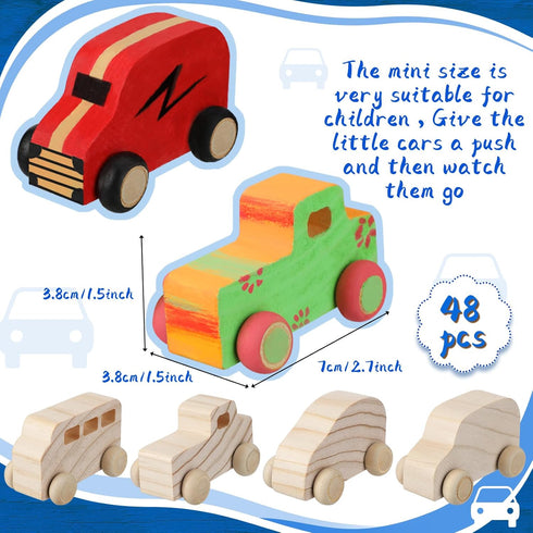 Wettarn 48 Pcs Wood DIY Car Toys, Unfinished Wooden Cars, Paintable Wood Toys for Students Craft Projects