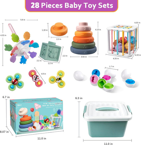 Baby Toys for 6 to 12 Months - Montessori Sensory Bins Toys for Toddlers, Pull String Teether, Stacking Blocks