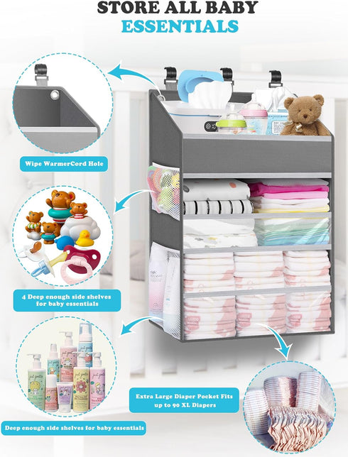 90+ Hanging Diaper Caddy Organizer Crib OrganizerSpacious Baby Girl/Boy Nursery Storage Organizer for Changing Table