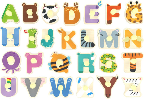 Wooden Peg Puzzle for Toddlers, Alphabet Learning Toys, Chunky ABC Shape Puzzles for Kids, Preschool Knob Puzzle