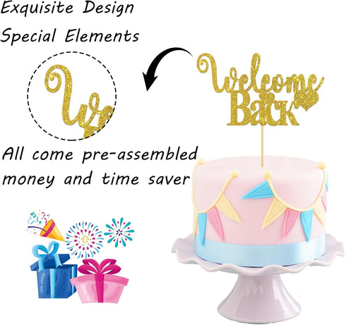 Gold Glitter Welcome Back Cake Topper, Home Party Decoration for New Home, Baby, Retirement, Maternity