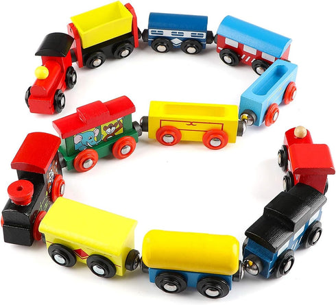 Wondertoys Wooden Train Cars - 12 PCS Magnetic Train Set with 3 Engines and Storage Bag for Toddlers