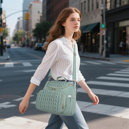 Kouxunt Backpack, Small Diaper Bag Quilted Mini Baby Crossbody Diaper Bag Tote for Mom (Matcha Green)