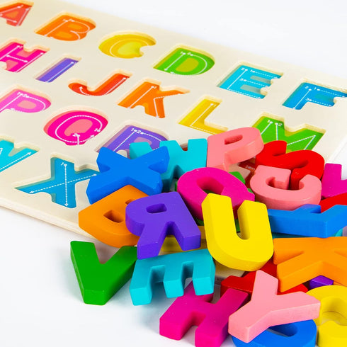 Alphabet Puzzle Wooden Puzzles for Toddlers 1-5 Years Old, ABC Shape Learning Toys with Board & Letter Blocks
