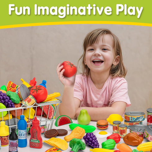 55 Set 1-3 4-8, Pcs Grocery Store Pretend Play Food with Shopping Basket for Kids Toddlers Kids Play Kitchen