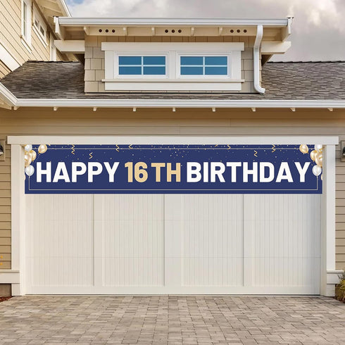 Happy 16th Birthday Banner Blue, Large 16th Bday Sign for Outdoor Decoration (9.8 x 1.6 feet)