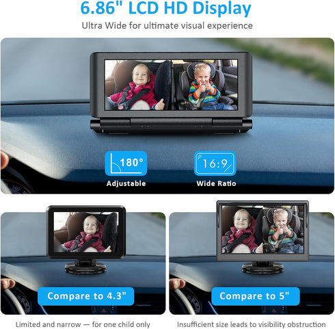 Shynerk Baby 2 6.86" 1080P Baby Car Camera for Kids, HD Split Screen Baby Monitor with Dual Backseat Cameras and IR
