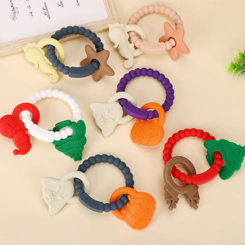 Silicone Teething Ring Toy, Baby Teether with Rattles, BPA Free Sensory Chew Toys for Babies 3-12 Months