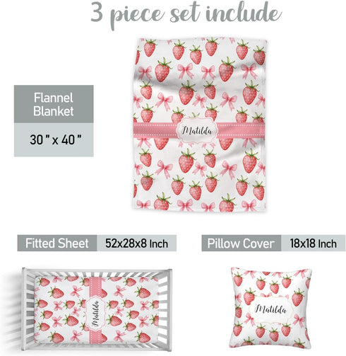 Workvalor Set 3 Set Personalized Strawberry Baby Crib Bedding Custom Name Piece Nursery for Baby Girls, Soft Blanket