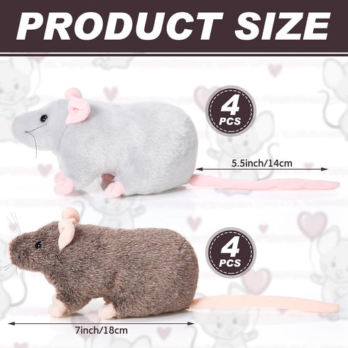 Honoson 8 Pcs Realistic Rat Plush Stuffed Animals, 7 Inch Brown & Gray Mouse Plushies for Party Favors