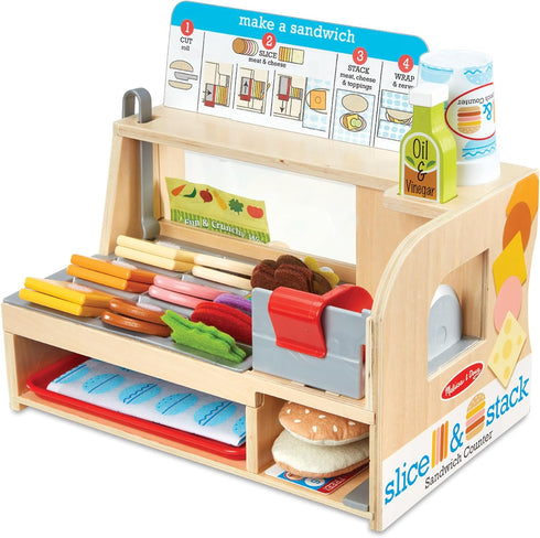 Melissa & Doug Wooden Slice & Stack Sandwich Counter with Deli Slicer – 56-Piece Pretend Play Food Set