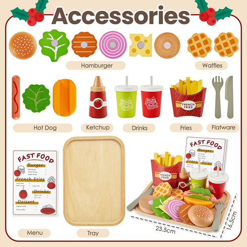 Sets Set, 3 4 5 BUYGER Play Food for Kids Kitchen, Wooden Fast Food Hamburger Play Pretend Play Kitchen Accessories Toy