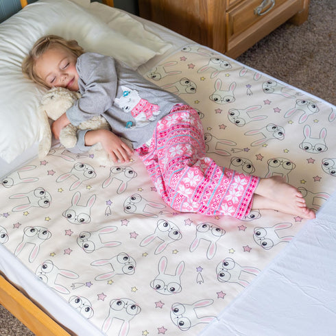 Tuckable Side Bed Wetting Pads for Toddlers, 39"x29" Pink Bunny Print, 5 Absorbent Layers, Reusable Waterproof