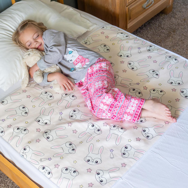 Tuckable Side Bed Wetting Pads for Toddlers, 39"x29" Pink Bunny Print, 5 Absorbent Layers, Reusable Waterproof