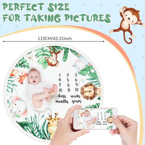 Peryiter Baby Monthly Milestone Blanket 43.3" x 43.3" Safari Jungle Animals Leaf Newborn Play Mat Flannel Round Baby Blankets with Growth Chart Pompom Ball for Boy Girl Nursery Decor Props Shower Gift by Peryiter