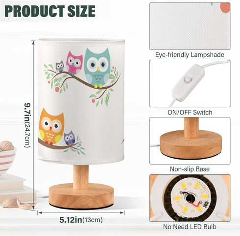 YYZZH Table Lamp Cute Cartoon Owl with Baby Child on Tree Branch Nightstand Lamp with Wood Base Fabric Lamp Shade