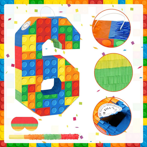 Number Building Blocks Decor for Pinata Birthday Party Supplies, Number 6 Fiesta Carnival Games with Stick & Blindfold