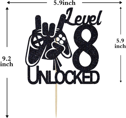 Video Game Level 8 Unlocked Birthday Cake Topper Black Glitter Boys 8th Birthday Cake Decorations Level Up Winner Party Decoration Supplies