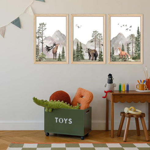 YWJKWLGS Set 3, 11x16 Inch Woodland Animal Nursery Wall Art of Natural Wood Framed Watercolor Deer Bear Fox Prints