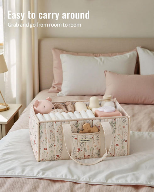 Blissful Diary Floral Diaper Caddy Organizer, Stylish Nursery Storage Basket, Gift for Baby Shower, Newborn Essentials