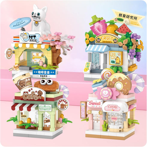 MEIEST 4 Set,Simulation PCS Mini City Shop Street View Building Blocks Architecture Collection Particle Construction