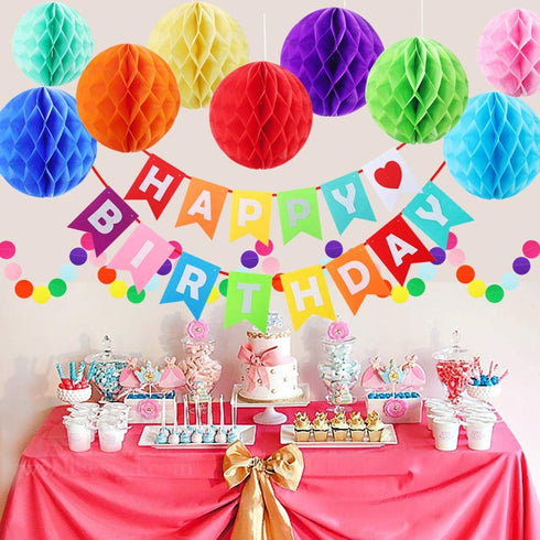 Happy Birthday Banner Decorations Set - Rainbow Paper Flags with 9 Honeycomb Balls and Circle Dots Garland