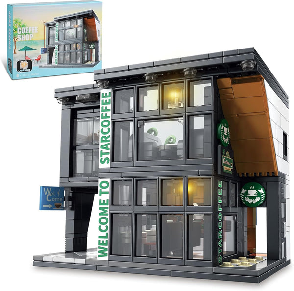 City Coffee House Architecture Building Blocks Set, Modern Cafe Shop Construction Toy with Light, Gift for Kids 6-12