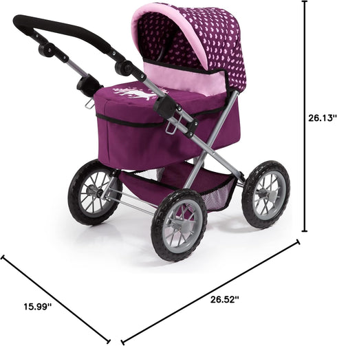 18 inch Bayer Trendy Doll Pram & Stroller, Burgundy Pink, Dolls, Adjustable Handle, Pretend Play with Accessories