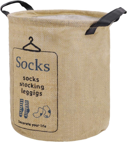Pop-up Waterproof Cotton Linen Laundry Hampers, Foldable Round Storage Bucket, "SOCKS" Print