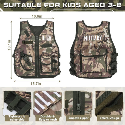 17 PCS Kids Army Costume - Military Soldier Dress Up Role Play Set with Camouflage Vest and Accessories