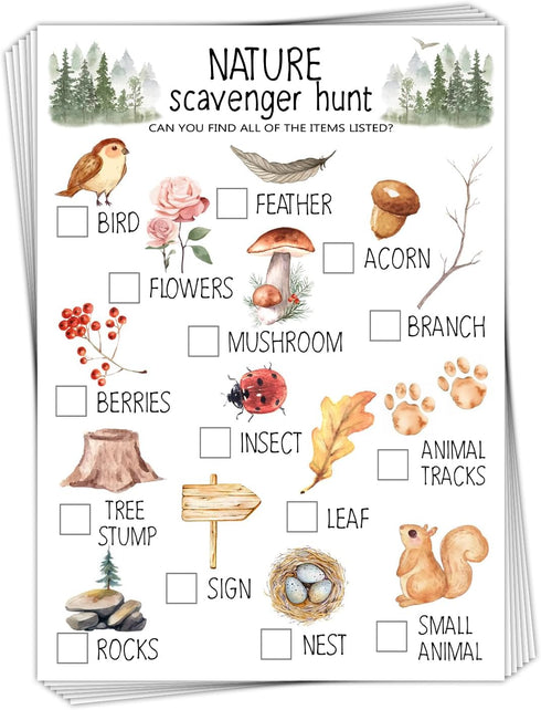 30 Pcs Nature Scavenger Hunt Cards for Camping - Woodland Themed Holiday Party Game Activity.