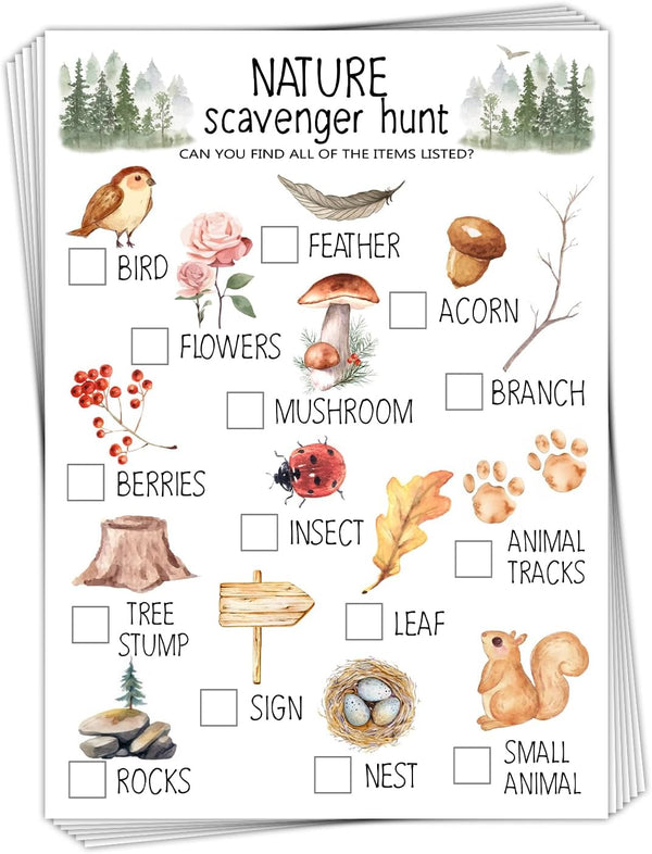 30 Pcs Nature Scavenger Hunt Cards for Camping - Woodland Themed Holiday Party Game Activity.