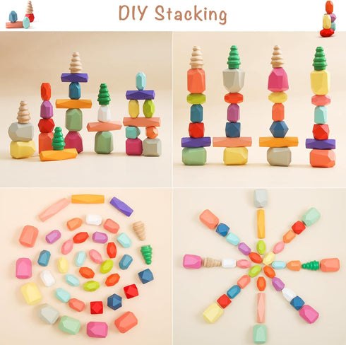 OESSUF Stacking Rocks, 48Pcs Wooden Balancing Stacking Blocks for Toddler Sorting Educational Montessori Game