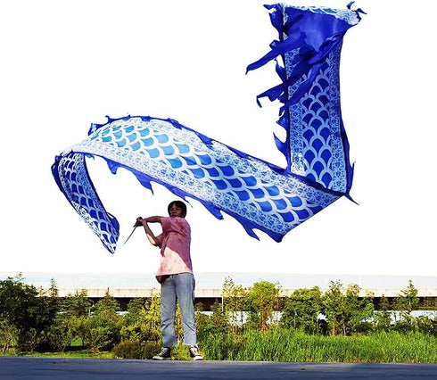 5 Meters Blue Scale Dragon Silk-like Poi, Outdoor Flinging Fitness Dragon Dance Streamer with Adjustable Handstick +