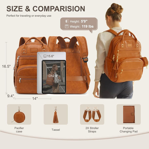 Backpack 20 15.6" ROSEGIN Premium Vegan Leather Diaper Bag with Waterproof Changing Pad, Reinforced Zippers