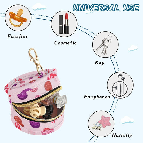 Valentines Candy Round Pacifier Storage Case with Zipper, Portable Pacifier Case for Travel, Diaper Bag & Purse
