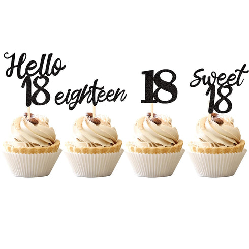 24 PCS 18th Birthday Cupcake Toppers, Sweet 18 Hello 18 Eighteen Cake Decorations Supplies (Black)