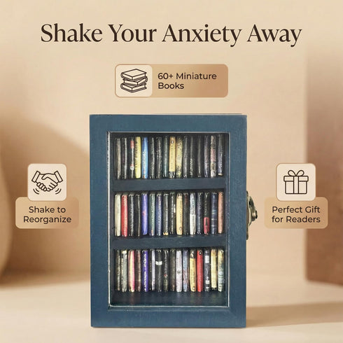 SIHPTO 60pcs Anxiety Mini Bookshelf Ornament Small Bookshelf Miniature Library with Mini BooksDoll House Decor Shake