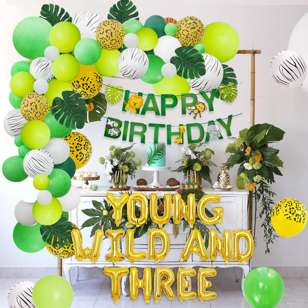 JOYMEMO Jungle Theme 3rd Birthday Decorations, Safari Balloon Garland with Wild Animal Foil Balloons and Banner