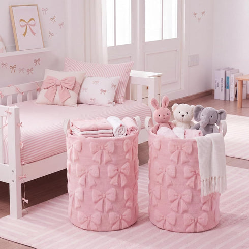 Blushtier 2 Pcs Pink Bow Laundry Hamper Girls Room Decor Coquette Pink Bow Plush Faux Fur Basket Kids Large Storage