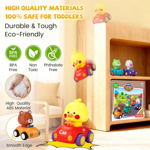 1-3, 4 Pack Set 6-9-12-18 1st 1-2 Press and Go Car Toys for Toddlers Friction Powered Baby Push Cars, Infant Play