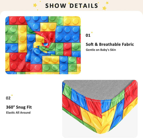CZXW 52" 28" Building Blocks Colorful Crib Sheets Fitted x Natural Cotton Soft & Breathable for Baby Crib Mattress
