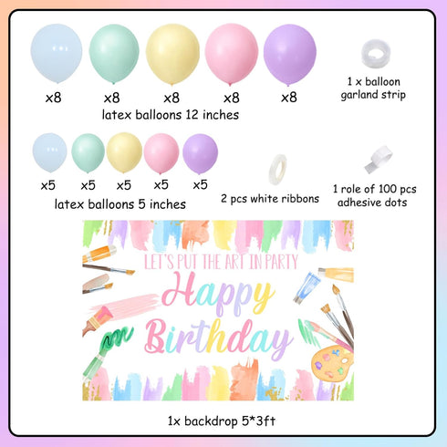 Art Birthday Party Decorations for Girls - Pastel Balloon Garland Arch Kit with Macaron Paint Happy Birthday Backdrop