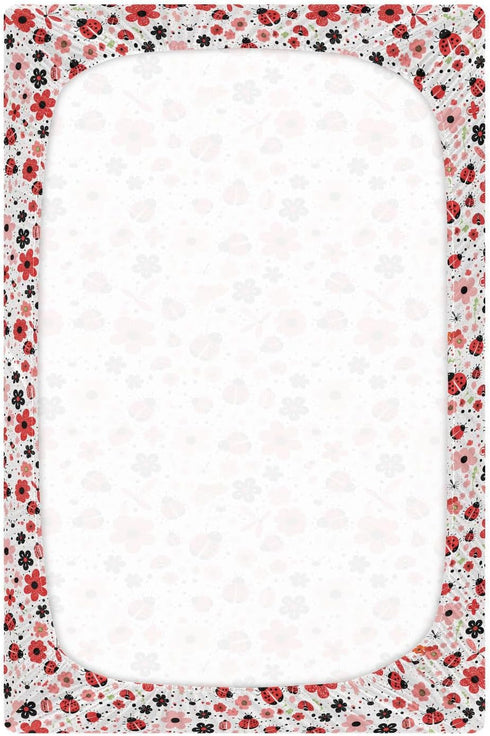 Vdsrup 39 27 5In Crib Sheets for Boys Girl Ladybugs Flowers Neutral Mini Crib Mattress Sheets Fitted, Red Pink Toddler