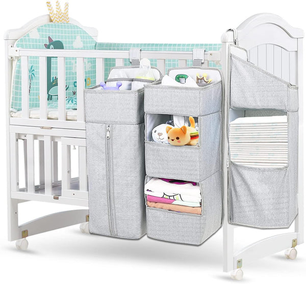 Hanging Diaper Caddy Organizer for Baby Crib - 3-in-1 Portable Diaper Stacker for Nursery Storage (Light Grey)