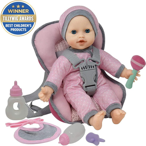 Set 12 Inch Baby Doll Carrier Car Seat, Baby Doll Accessories Includes Doll Bottles, Soft Baby Doll & Toys