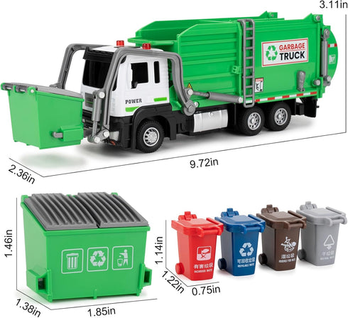 LOVEPOSELY 3-6 Kids Garbage Recycling Truck Toy, Green Pull-Back Truck Model with Sound & Light, Waste Sorting Learning