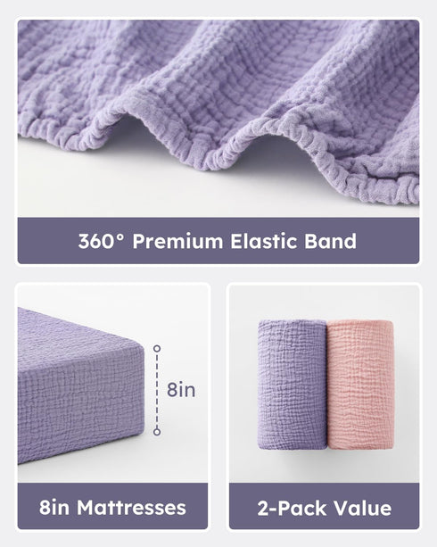 100% 2 Pack 28x52x8in Unnivoll Muslin Crib Sheets for Boys Girls, Cotton Fitted Crib Sheet for Standard Crib