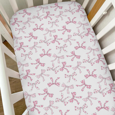 Selgkds 52''x28'' Pink Dot Bows Baby Crib Sheets for Girls Sweet Girly Bows Soft Stretchy Fitted Crib Mattress Covers